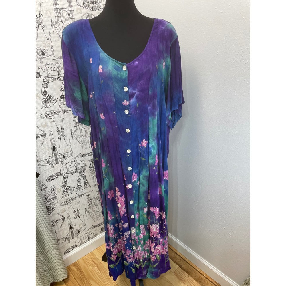 La Cera Maxi Dress Floral Tie Dye 3X Purple Teal Button Front Boho Babydoll